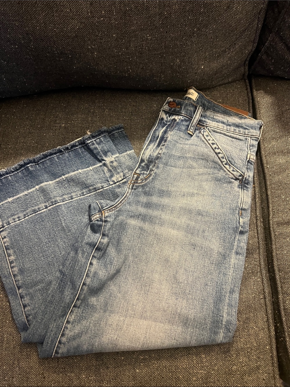 Madewell-  wide leg, cropped unhemmed fray denim